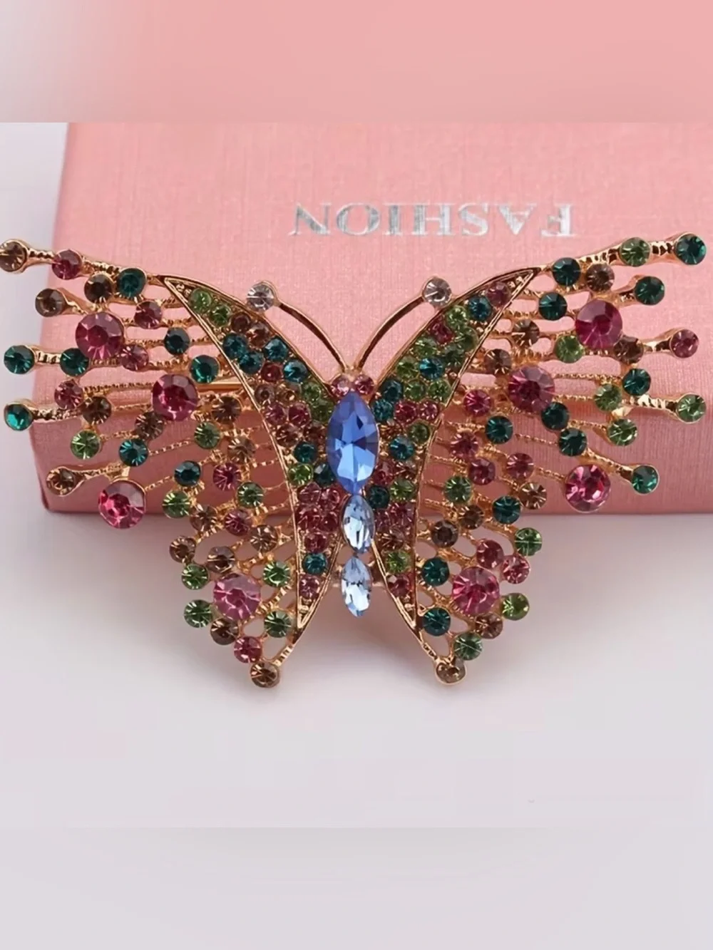 vintage gold-tone butterfly brooch adorned multicolored rhinestones & crystals